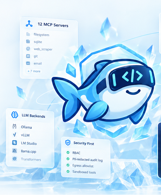 Frozen Fish mascot wearing a code visor, leaping through ice crystals